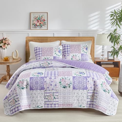 Joyreap 3 Pieces Floral Patchwork Quilt Set California King, 102x114 inches- Purple n Pink Flowers Design, Soft n Cozy Microfiber Quilt, Bedspread Bed Cover for All Season