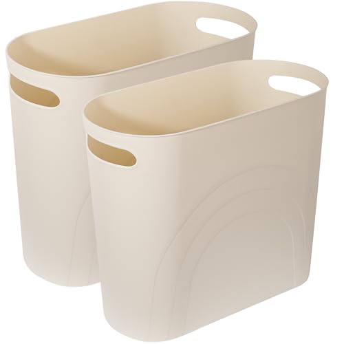 Small Bathroom Trash Can, 3.5 Gallon Slim Garbage Can, 2 Pack Cream - Plastic Waste Basket with Handles for Bathroom, Bedroom, Dorm, Kitchen, Office and Narrow Spaces