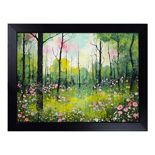 Lap Tray with Bean Bag Cushion, Spring Forest Contemporary - Handmade in the UK, Raised Wooden Edge, Padded Cushion, Heat-Resistant Wipe-Clean Surface, for Meals, Laptops and Crafts