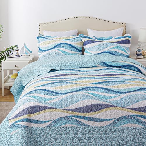 "HoneiLife Queen Bedspreads Oversized - 106""x106"" Coastal Quilt Sets, Beach Quilt 3-Piece, Nautical Bedspreads Ocean Coverlets, Lightweight Bed Cover, Summer Quilts"