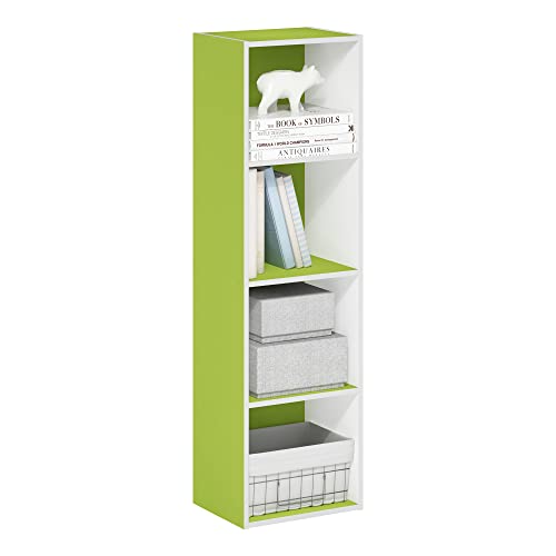 Furinno PASIR Book Shelf, 4-Tier Modern Bookshelf, Open Shelves Bookcase 9 x 12 x 42, for Living Room, Bedroom, Home Office, Green/White