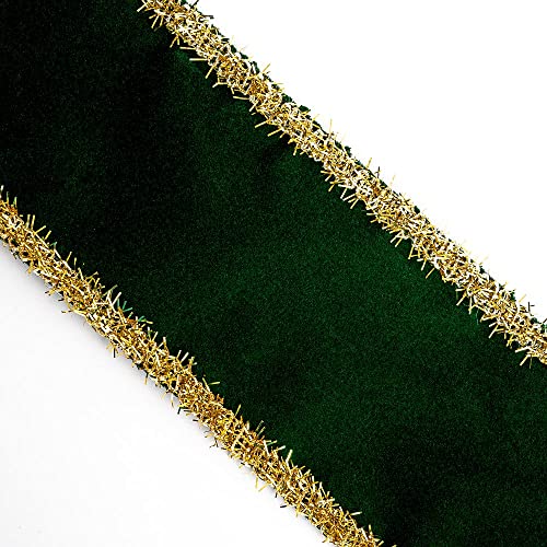 Italian Options Wired-Edge Green Velvet Ribbon, Luxury, Wide Christmas Ribbon, Wired Ribbons for Crafts, Gift Wrapping, Wreaths, Tree Decorations, Bottle Green, Gold Tinsel, 63 mm x 10 Metre Roll