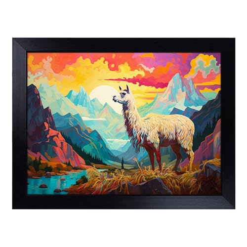 Lap Tray with Bean Bag Cushion, Llama Landscape - Handmade in the UK, Raised Wooden Edge, Padded Cushion, Heat-Resistant Wipe-Clean Surface, for Meals, Laptops and Crafts
