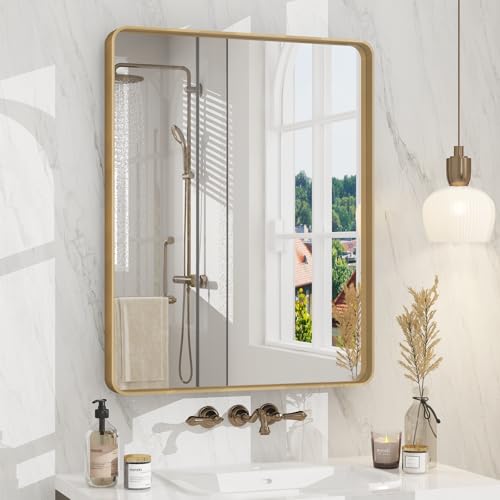 CHARMOR 24x30 Gold Bathroom Mirror, Rounded Rectangle Gold Frame Mirror, Brushed Gold Brass Bathroom Vanity Mirror Wall-Mounted, Anti-Rust, Hangs Horizontally or Vertically