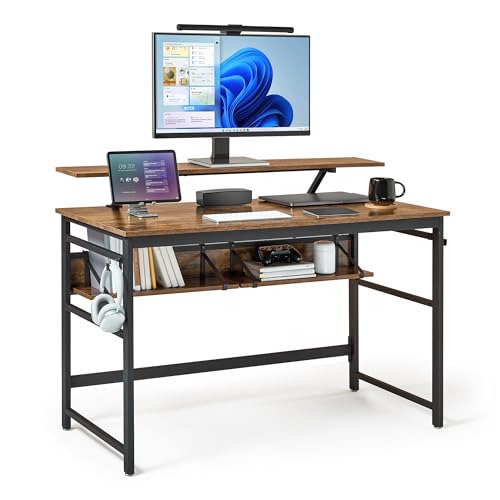 Mondeer Computer Desk, Workstation Writing Desk with 2 Adjustable Storage Shelves and Large Monitor Stand, Space Saving for Home Office Studio, 120 x 60 x 90 cm, Rustic Brown
