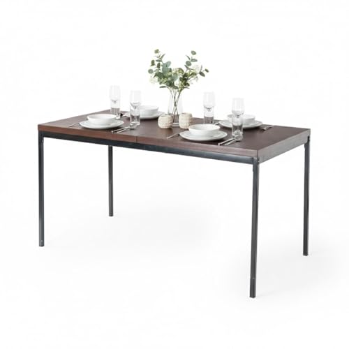 FurnitureR Dining Table, Desktop in Vintage Wood Pattern, Metal Frame Rectangular Kitchen Table with Adjustable Feet for Dining Room Living Room, 150x75x75cm, Brown Desktop & Black Legs