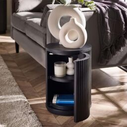 Julian Bowen Louis Black Fluted Side Table With Door, Ash Wood, 33 x 33cm