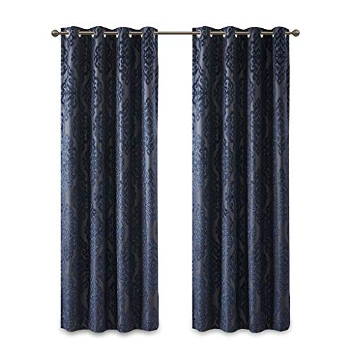 Sun Smart Mirage 100% Total Blackout Window Single Curtain, Knitted Jacquard Damask Room Darkening Curtain Panel with Grommet Top 50 x 84 in, Navy
