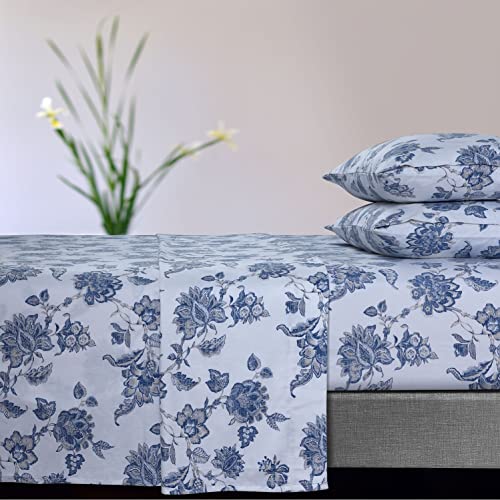Tribeca Living Ultra-Soft Flannel Sheet Set, 170-GSM Cotton, Deep Pocket, Cozy Winter Bedding - Twin XL, Floral Deep Blue