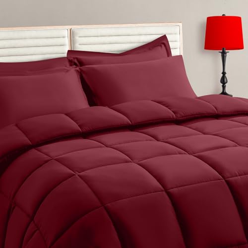 TAIMIT Burgandy Full Size Comforter Set - 7 Pieces, Bed in a Bag Bedding Sets with All Season Soft Quilted Warm Fluffy Reversible Comforter,Flat Sheet,Fitted Sheet,2 Pillow Shams,2 Pillowcases