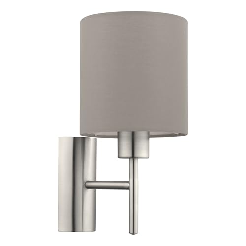 Eglo Pasteri Indoor Wall Light, Nickel Matt Steel and Taupe Fabric Lamp, Living Room and Hallway Wall Lighting, E27 Socket