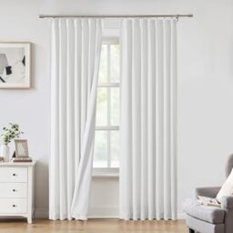 "White Pinch Pleated Full Blackout Curtains Linen Texture Thermal Insulated Window Treatment Panel 84 Inch Long for Living Room Bedroom Noise Reducing Back Tab Drapes with Hooks, 2 Panel, 40""Wx84""L"