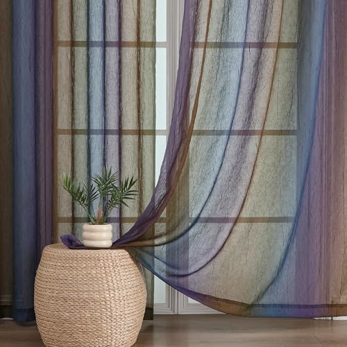"OWENIE Ombre Sheer Curtains for Bedroom Living Room 96 Inches Long 2 Panels - Gradient Light Filtering Crinkle Crushed Semi Sheer Printed Window Curtain Panels, (50"" W x 96"" L, Blue/Purple)"