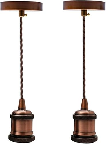 LEDSone Copper Pendant Light Kit 2 Pack E27 – Vintage Industrial Ceiling Pendant with 95cm Adjustable Braided Cable, Metal Bulb Holder Lighting Fixture UK
