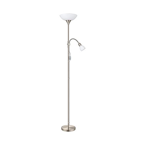 Eglo Floor Lamp Up 2, 2-Light Standing lamp, Metal, Glass and Plastic Floor Light, Living Room lamp in Silver and White, lamp with Switch, Ceiling uplighter with Reading Light, E27, E14