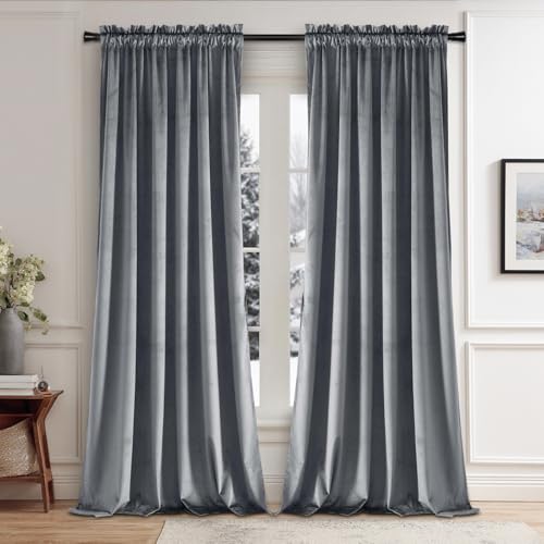 JIUZHEN Grey Velvet Curtains for Bedroom - 84 inches Thermal Insulated Room Darkening Rod Pocket Blackout Drapes for Ofiice/Closet, Set of 2 Panels with Tiebacks, 60W x 84L