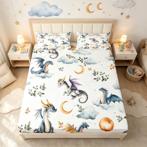 Western Dragon Bedding Set Queen Size,Cute Flying Dragon Fitted Sheet 3Pcs,Star Moon Leaves Bed Sheet for Kids Teens Girls Boys Room Decor,Wild Animals Plant Deep Pocket Sheet,2 Pillowcases