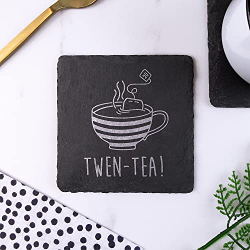 "Engraved Square Slate Coaster -""TWEN-TEA"" Design - 20th Milestone Birthday Gifts for Men, Him - Twentieth Gift for Friend, Brother, Son - Drinks Mat"