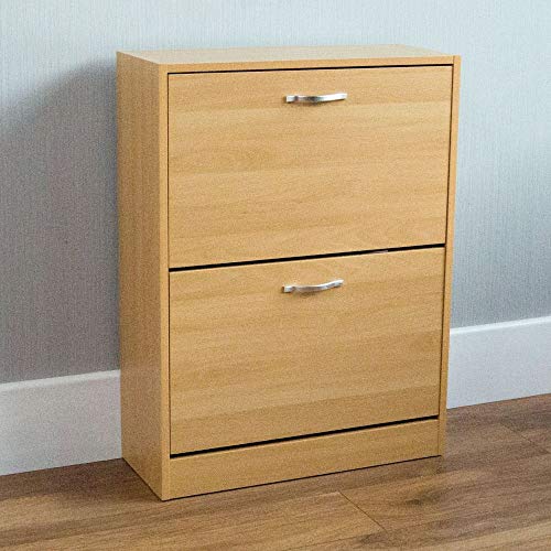 Vida Designs Shoe Cabinet, Wooden Shoe Storage Unit with 2 Pull-Down Drawers, Multifunctional Dust-Proof Space-Saving Slim Cupboard for Hallway or Entryway (Pine)