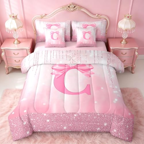 Feelyou Kids Pink Bowknot Bed in A Bag Twin Size, Personalized Initial C Comforter Set with Sheets Princess Glitter 7 Pieces Bedding Set Boys Girls Bow Alphabet Teens Bed Set Bedroom Decor 7Pcs