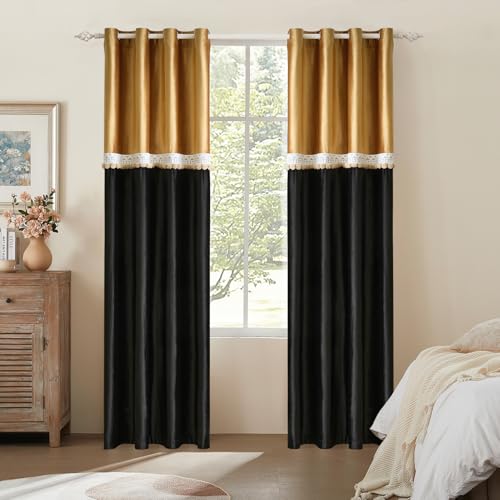 GIGIZAZA Boho Curtains for Living Room 96 Inches Long Gold Black 2 Panels Set Farmhouse Window Treatments Blackout Curtain Drapes Lace Pom Pom Embroidered Velvet Curtains