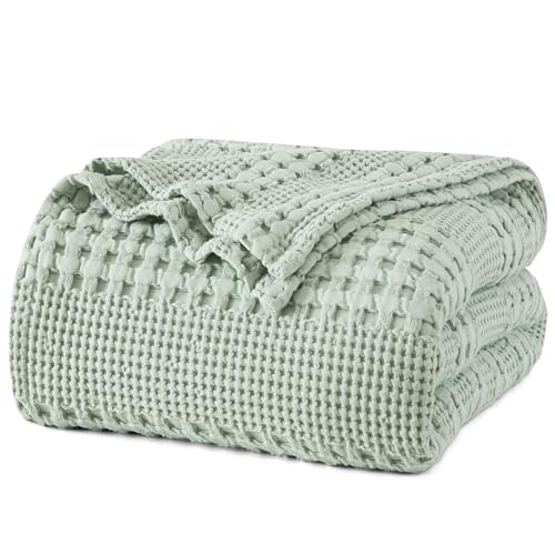 "PHF 100% Cotton Waffle Weave Blanket Twin Size for Bed, Soft Lightweight & Breathable, All-Season Comfort, Luxury Aesthetic Christmas Blanket for Home Decor, 66""x90"", Mint Green"