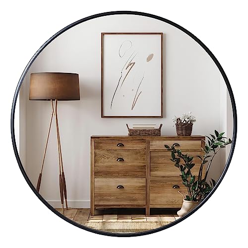 "Growsun 24"" Black Round Wall Mirror, Modern Metal Framed Mirror for Bathroom, Bedroom, Living Room"