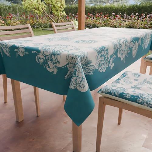 PETTI Artigiani Italiani - Stain Resistant Tablecloth Rectangular 140x180 cm 6 Seats, Wipe Clean Microfibre Kitchen Table Cover, Peonies Design Teal, 100% Made in Italy