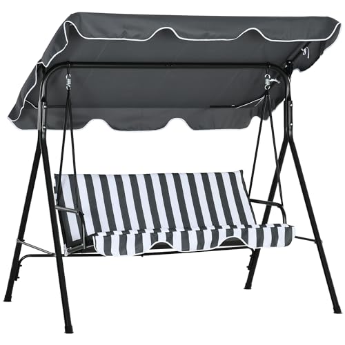 Outsunny 3 Seater Garden Swing Chair with Adjustable Tilting Canopy, Outdoor Hammock Bench with Steel Frame, Padded Seat for Patio Yard Outside, Grey and White