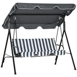 Outsunny 3 Seater Garden Swing Chair with Adjustable Tilting Canopy, Outdoor Hammock Bench with Steel Frame, Padded Seat for Patio Yard Outside, Grey and White