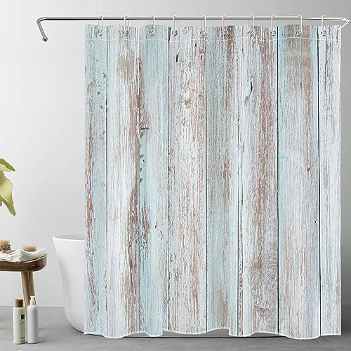 EOBTAIN Vintage Wood Barn Shower Curtain for Bathroom Old Teal and Grey Vertical Wooden Plank Shower Curtain with 10 Hooks Rustic Farmhouse Bathroom Curtains Shower Set 72x60 Inch