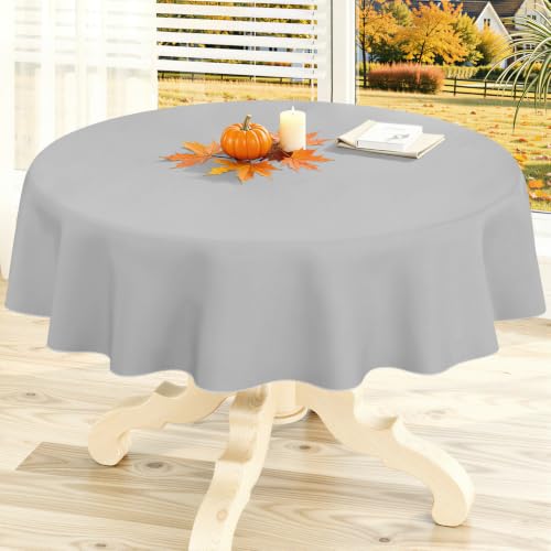 "homing Round Vinyl Tablecloth, Waterproof Spillproof Plastic Flannel Backed Table Cloth, Wipe Clean Table Cover for Dining, Buffet Parties and Camping (Light Grey, 60"")"