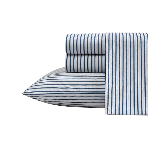 Nautica- Queen Sheet Set, Cotton Percale Bedding Set, Crisp & Cool, Lightweight & Breathable (Harmead Navy, Queen)