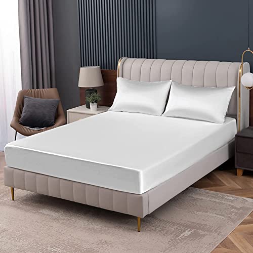 Homiest Fitted Sheet in White Satin for Twin XL Bed, Deep Pocket, Luxurious and Ultra-Soft Bedding