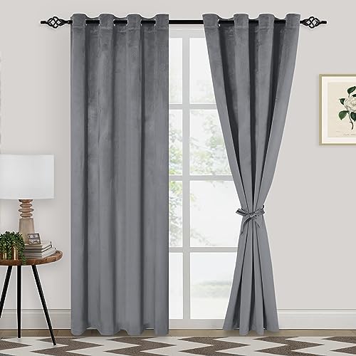 XWZO Grey Velvet Curtains 84 Inches Long, Elegent Soft Luxury Curtains for Living Room, Thermal Insulated Room Darkening Grey Curtain for Bedroom Decor, Velvet Drapes Set 2 Panels