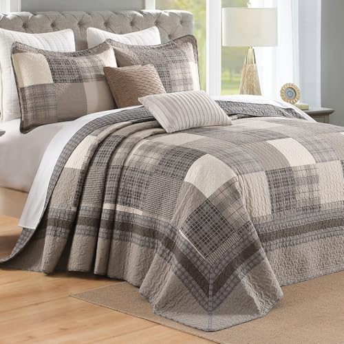 "DDUOXIN Queen Bedspread 102"" W x120 L - 100% Cotton Lightweight Oversized Quilt with 2 Pillow Shams, Farmhouse Plaid Reversible Bedspreads, Brown/Beige/Khaki/Silver Birch"