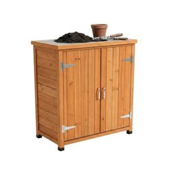 Relaxdays Potting Table with Storage Cabinet, Pine Wood, Galvanised Worktop, 90x75x40 cm, Orange