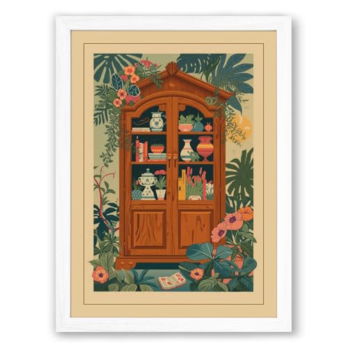 Cabinet of Curiosities Art Deco Framed Wall Art Print A2 (59.4×42cm) White, Wall Decor for Living Room, Bedroom, Office & Home, Ready to Hang, Art Gift