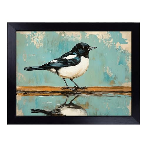Lap Tray with Bean Bag Cushion, Magpie Artwork Bird - Handmade in the UK, Raised Wooden Edge, Padded Cushion, Heat-Resistant Wipe-Clean Surface, for Meals, Laptops and Crafts