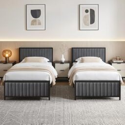 VECELO Single Size Bed Frame Set of 2 with Linen Fabric Headboard and Footboard, Heavy-Duty Platform with Strong Steel Slats, No Box Spring Needed, Easy Assembly, Grey