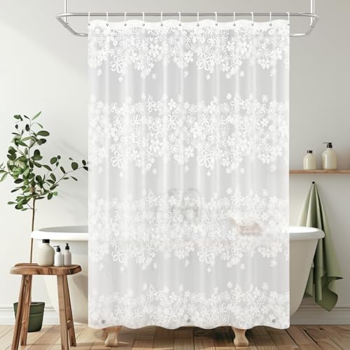 HADEEONG PEVA Shower Curtain, 72 x 72 Water Repellent Premium Bathroom Shower Curtain with 3 Magnetic Weights for Shower Stall, Bathtubs (White Flowers-2)