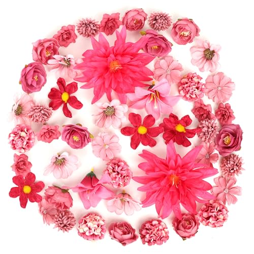 LACGO 48 PCS Artificial Flowers Heads Combo Rose Red Flowers Mix Silk Flowers Heads Pink Bulk for Craft Garland Graduation Cap Wedding Bridal Baby Shower Home Party Decoration DIY Cake Decor