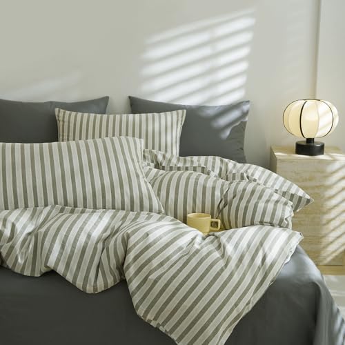 3 Pieces Striped Duvet Cover Set Full, 100% Cotton White Grey Stripes Pattern Printed Comforter Cover, Farmhouse Striped Bedding Set Soft Breathable Duvet Cover with 2 Pillowcases for All Seasons