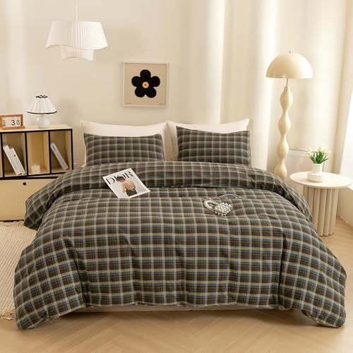 ECOCOTT Buffalo Plaid Duvet Cover Queen Size ??? 3 Piece Washed Cotton Brown & Blue Bedding Set, Soft & Breathable, Reversible Checkered Design with Zipper Closure & Corner Ties