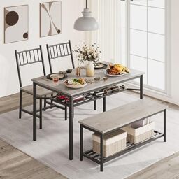 GarveeLife Dining Table Set for 4 with Bench and Chairs, 4-Piece Kitchen Table Chairs Set with Storage & Wine Rack – Space-Saving Dining Table for Apartments and Dining Rooms, Gray