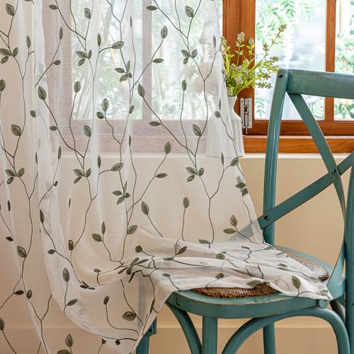AmHoo 2 Curtains Embroidered Leaf Pattern Semi Sheer Leaf Pattern Voile Window Curtains Treatment for Bedroom Living Room Rod Pocket White Sage Green 53x96 Inch