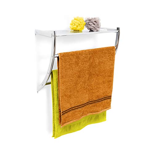 Relaxdays Wall Towel Holder Chrome, 43 x 56 x 23 cm Towel Rack for Wall-Mounting with 3 Towel Rails and a Bathroom Shelf or Small Coat Rack made of Chromed Steel, Silver