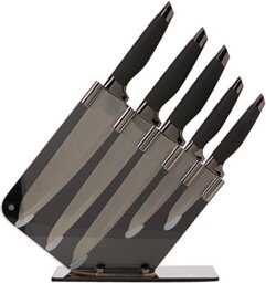 Tower Kitchen Knife Set with Acrylic Knife Block, Damascus Effect, Stainless Steel Blades, Mirror Black, 5 Pieces, T81532MB