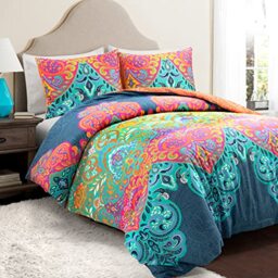 Lush Decor Boho Chic Reversible 3 Piece Cotton Duvet Cover Set, King, Turquoise & Navy