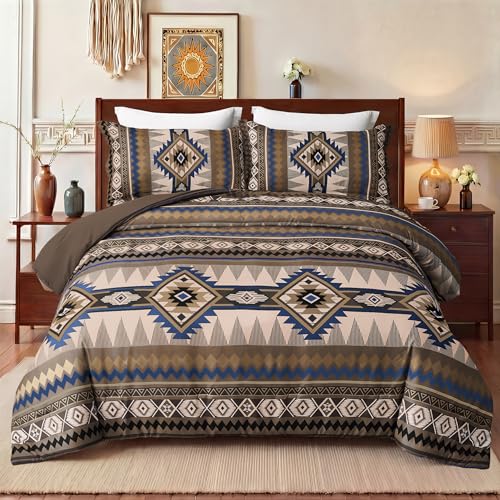 Tyrot Aztec Comforter Bedding Set with Pillow Shams for All Season, Dark Brown, Queen Size